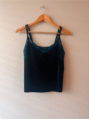 Forever 21 y2k Velvet Lace Trim Cami Tank Top - Teal Medium